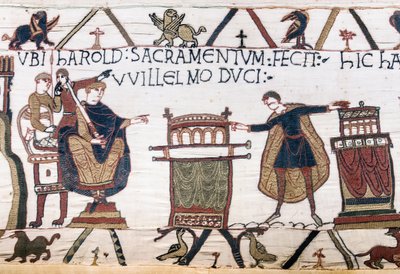 Harold jura un juramento sagrado a William en Bayeux, Tapiz de Bayeux de Unbekannt Unbekannt